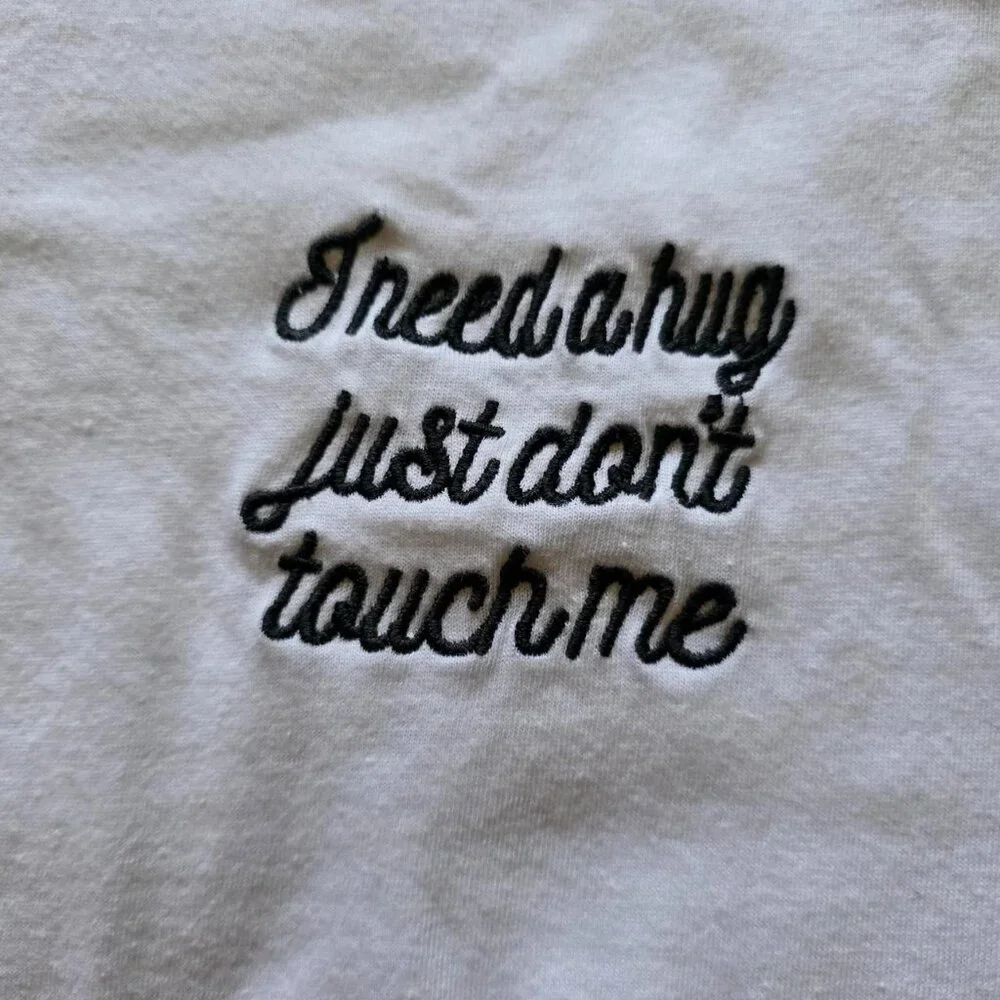 White and black "I need a hug, just don't touch me" ringer tee - Picture 3 of 4